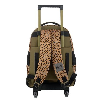 Olive green rolling backpack with leopard-print shoulder straps and a telescoping handle viewed from the back.