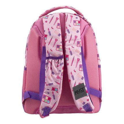 Pink kids' backpack with makeup-print pattern, purple straps and padded pink mesh back.