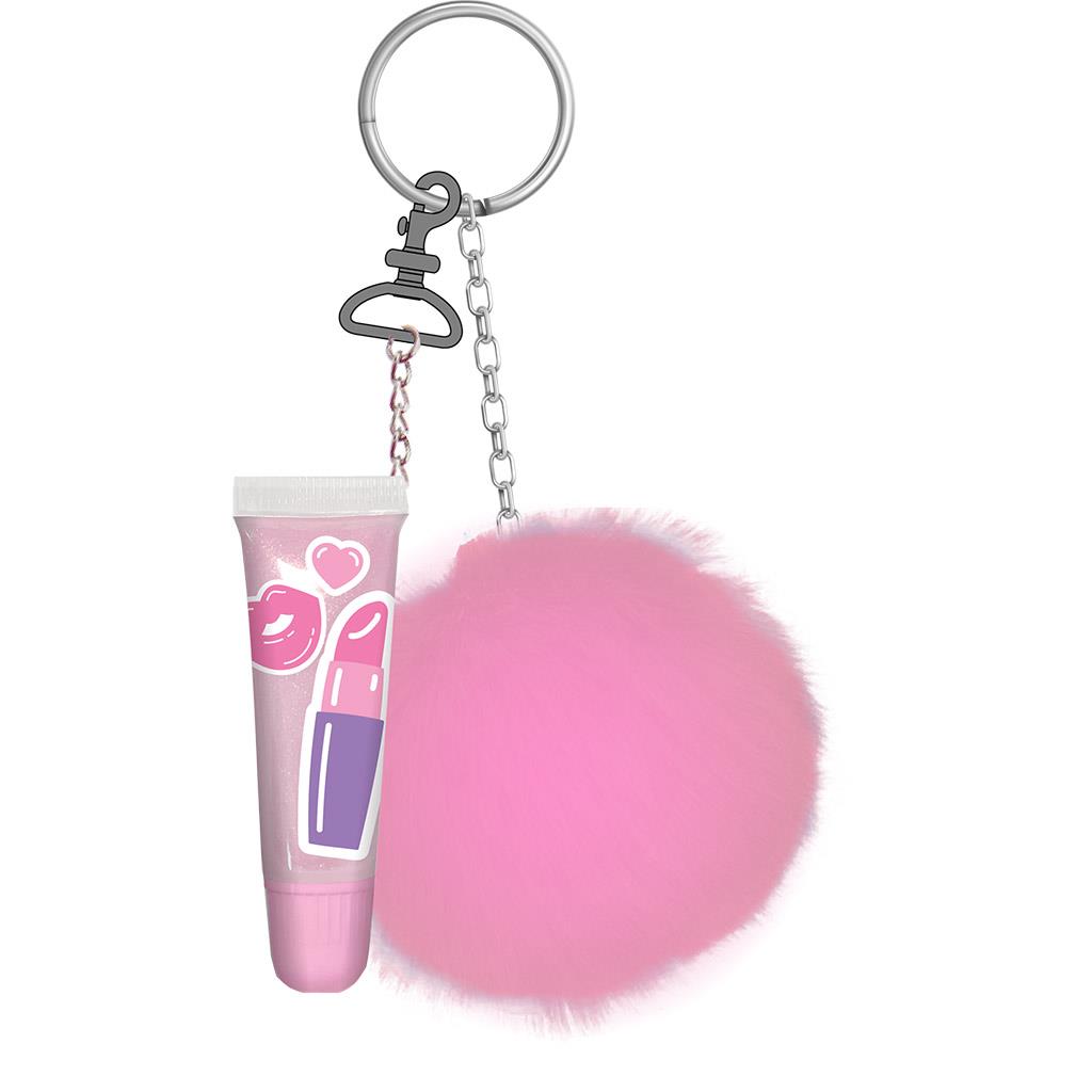 000587573_2 | La Vie en Rose Pink lipstick-themed keychain with a fluffy pink pom-pom and metal ring attachment.