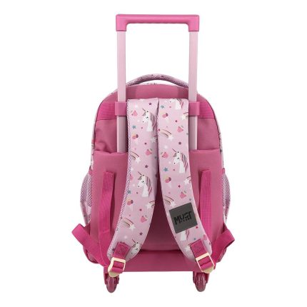Pink kids' rolling backpack with unicorn pattern and extendable pink handle on wheels