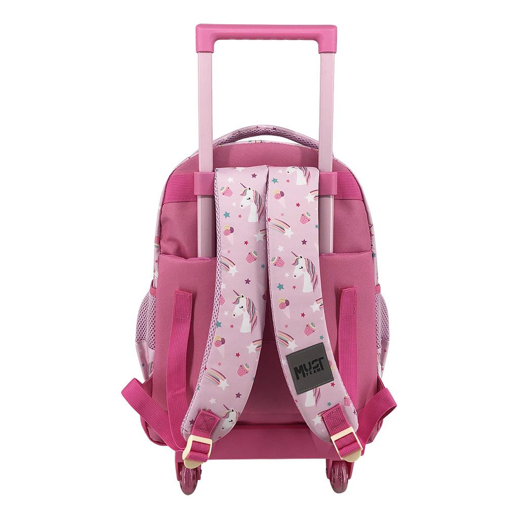 000587628_1 | La Vie en Rose Pink kids' rolling backpack with unicorn pattern and extendable pink handle on wheels