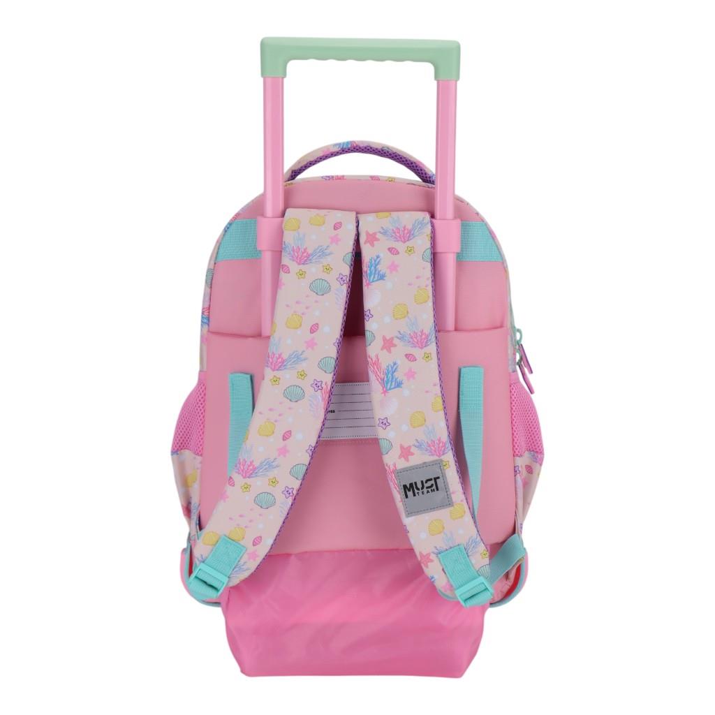 000587667_1 | La Vie en Rose Pink children's rolling backpack with a mint green telescoping handle, pastel patterned shoulder straps, and blue side pockets; designed for kids' school use with wheels on the bottom route path obscured by the bag's base.