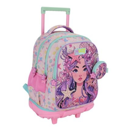 Pink-and-teal rolling backpack with a mermaid graphic and wheels, featuring a small circular zipper pouch attached to the side.