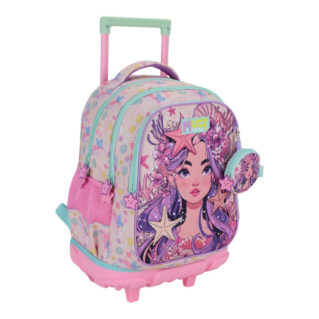 000587667_2 | La Vie en Rose Pink-and-teal rolling backpack with a mermaid graphic and wheels, featuring a small circular zipper pouch attached to the side.