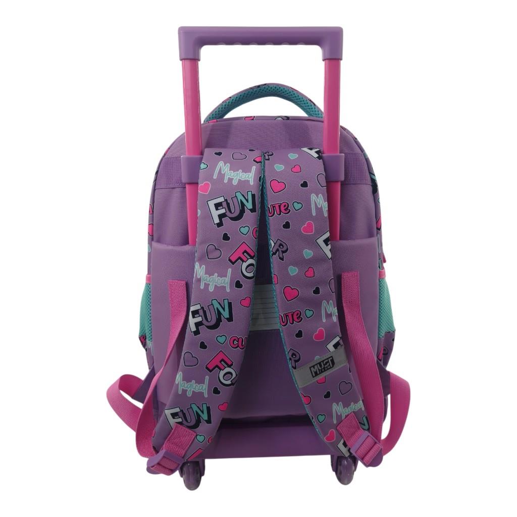 000587684_1 | La Vie en Rose Purple rolling kids' backpack with pink telescoping handle, teal chest strap, and heart/ FUN print straps visible from the back.