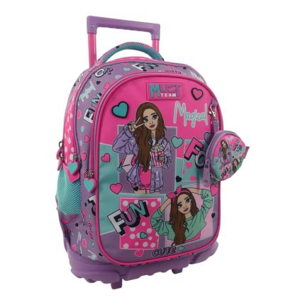 Pink and purple rolling school backpack with cartoon girl print, hearts, and a small matching round pouch attached via a zipper.