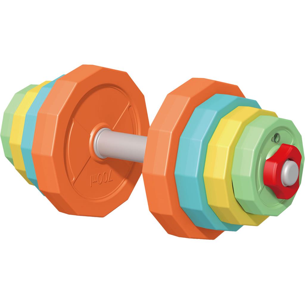 000622990_1 | La Vie en Rose Dumbbell with stacked colorful weight plates on a silver bar.