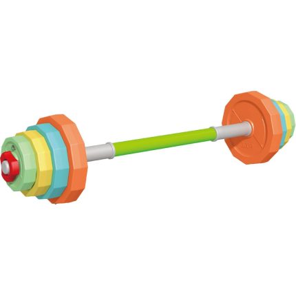 Colorful barbell with stacked weight plates in orange, red, yellow, green, and blue on both ends, against a white background, ready for lifting