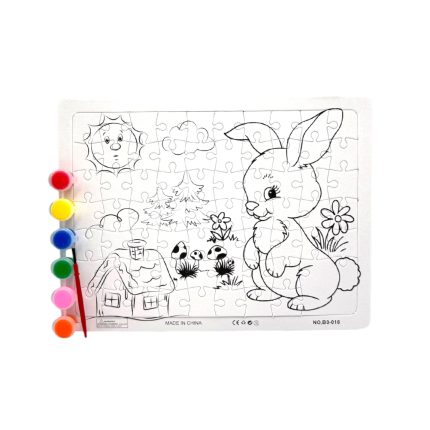 Children's jigsaw puzzle page featuring a cartoon bunny in a garden with a sun, trees, flowers, and a house, along with paint pots on the side.