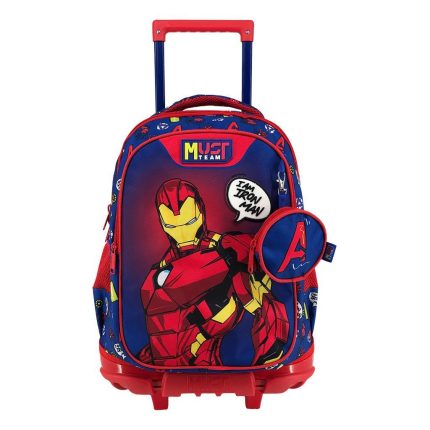 Blue and red kids' rolling backpack with Iron Man graphic and pull handle.