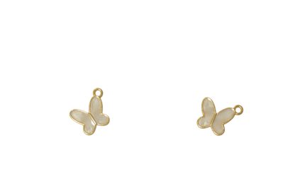 Two small butterfly pendant charms with white enamel and gold edging on a white background