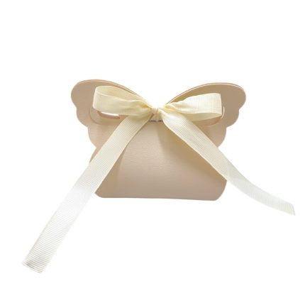Beige gift box with a cream ribbon tied in a bow on a white background