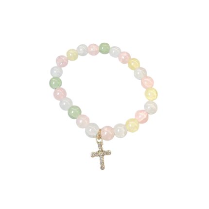 Pastel bead bracelet with multicolored round beads and a rhinestone cross charm
