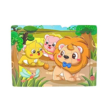 Colorful jungle-themed children’s puzzle showing a lion cub with a blue bow, a yellow cub, and a pink bear among trees and plants.