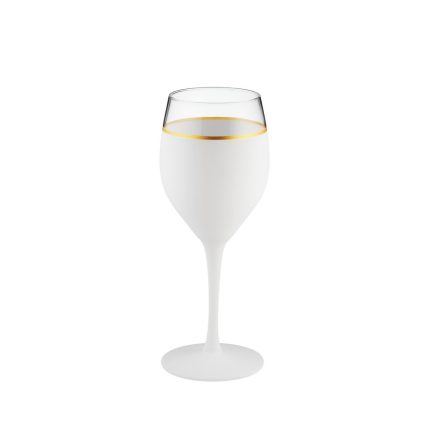 Stemmed glass with a gold-rimmed edge filled with milk.