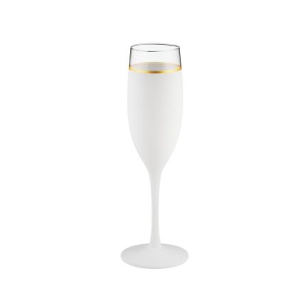 Champagne flute filled with pale champagne on a white background.