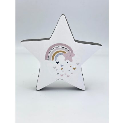 White star-shaped decorative figurine with a pastel rainbow and heart pattern on the front.