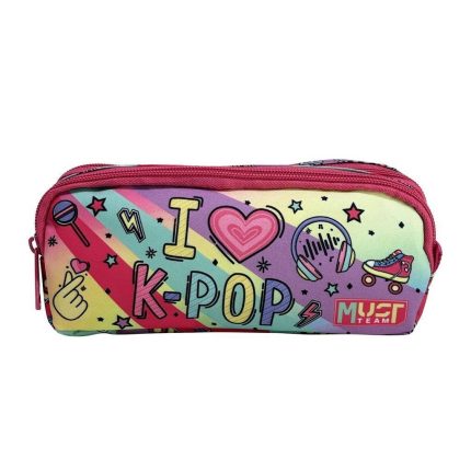 Colorful K-pop themed pencil case with rainbow stripes, 'I ♥ K-POP' text, headphones and sneakers graphics, pink zipper.