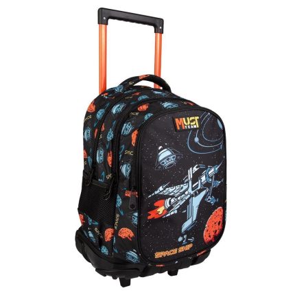Kids' rolling backpack with a space‑themed print, orange extendable handle, and wheels for easy travel