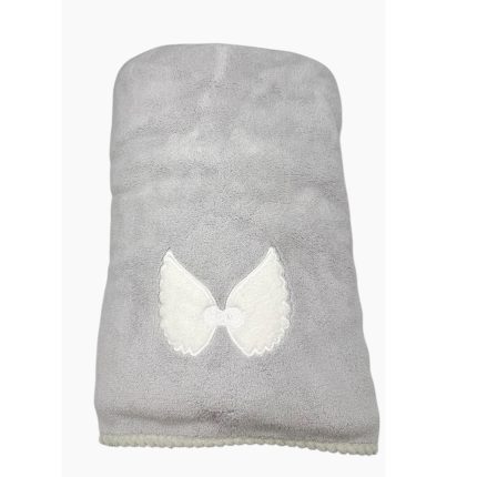 Soft gray plush blanket with a white butterfly appliqué in the center head-on view.