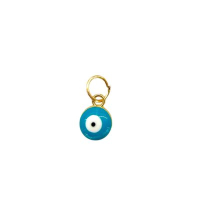 Gold loop pendant with a blue circular evil-eye charm featuring a white center and black pupil.