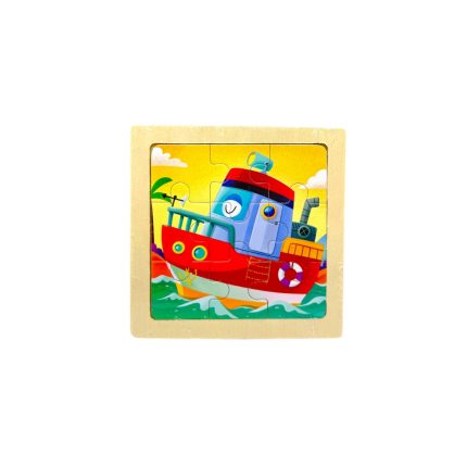 Wooden children's puzzle depicting a colorful red and blue boat on teal waves against a yellow sky.