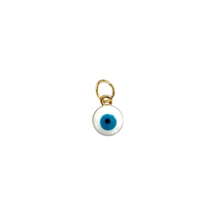 Gold loop pendant with a white circular charm featuring a blue evil-eye design.