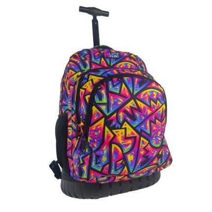 Colorful graffiti-pattern rolling backpack with a telescoping handle and black wheels.
