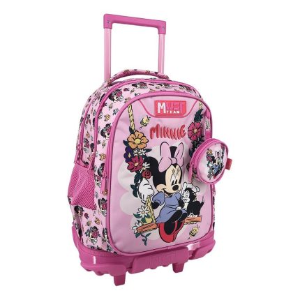 Pink rolling backpack for kids with Minnie Mouse graphic, floral pattern, and retractable pink handle on wheels, plus a small round matching pouch.