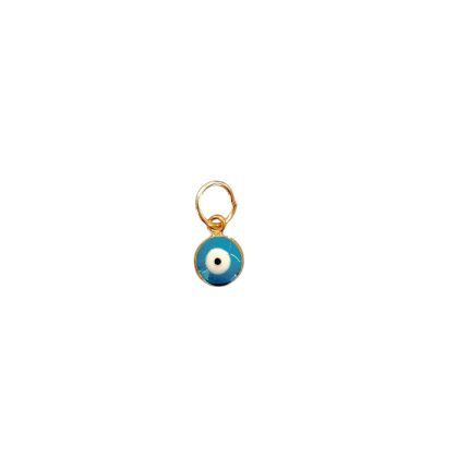 Gold loop charm with a blue circular evil eye bead hanging from a small gold ring.