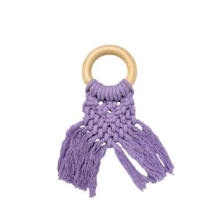 Purple macrame keychain with a wooden ring and fringe tassels