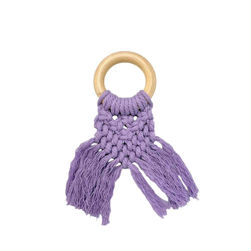 27F78003-DBD9-62C4-DC3D-019D71FE313C_11 | La Vie en Rose Purple macrame keychain with a wooden ring and fringe tassels