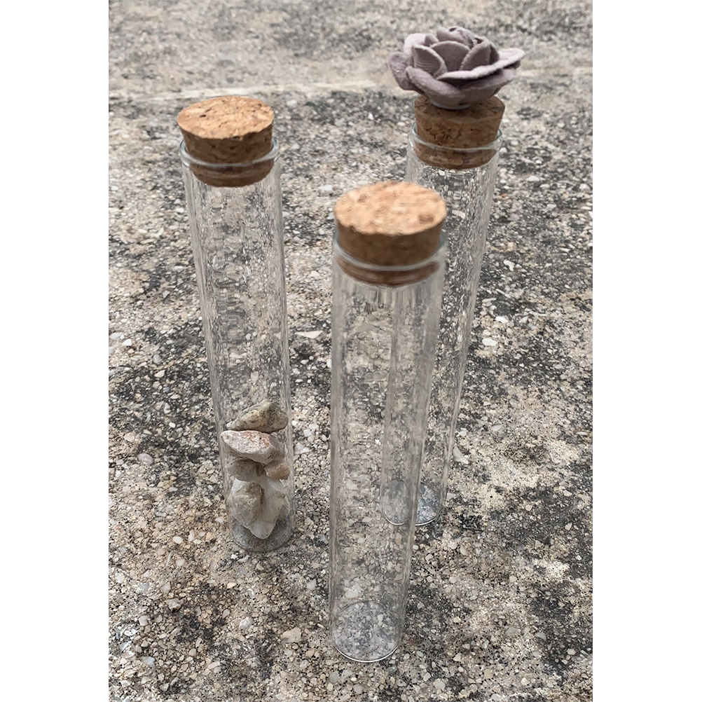 299EACFC-8023-794D-A176-018900CB119E_21 | La Vie en Rose Three tall glass vials with cork stoppers stand on a rough outdoor surface; the left contains rocks, the rightmost has a fabric flower on top.