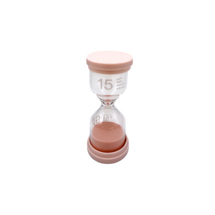 Pink and clear hourglass timer with pink caps, marked 15 minutes (15-min sand timer)