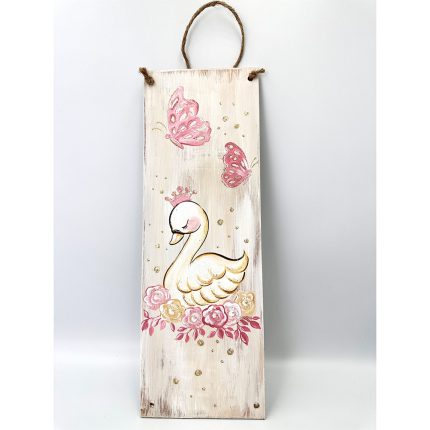 Vertical wooden decorative plaque with a painted pink flamingo, pink butterflies, and a floral border, hanger made of rope.