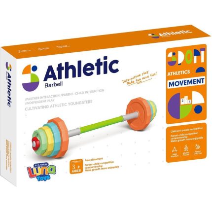 Packaging for an athletic barbell toy set with a green bar and multicolored weight plates, white box with orange accents and branding on the side panel.