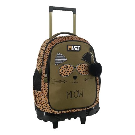 Leopard-print wheeled backpack with a cat-face design on the front, heart-shaped sunglasses, a black pom-pom keychain, and a retractable handle.