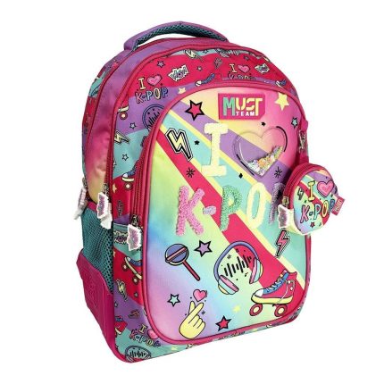 Bright pink-and-aqua kids' backpack with K-POP graphics and a matching small round coin purse attached to the strap pair, featuring hearts, stars and music icons.