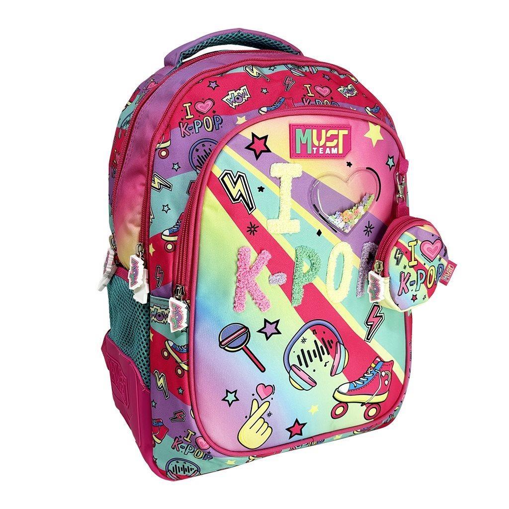 313231ae3e584a63bba60ed427d9bd20 | La Vie en Rose Bright pink-and-aqua kids' backpack with K-POP graphics and a matching small round coin purse attached to the strap pair, featuring hearts, stars and music icons.