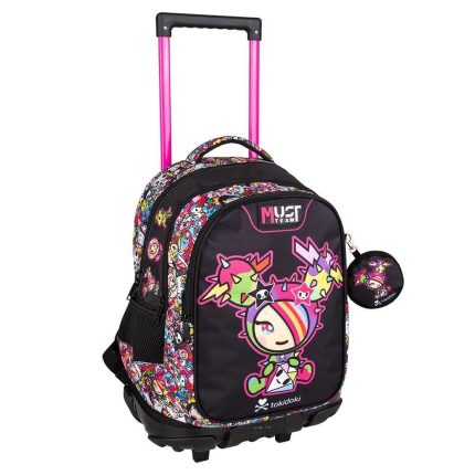 Colorful rolling backpack for kids with pink telescoping handle and cartoon characters (Tokidoki design)