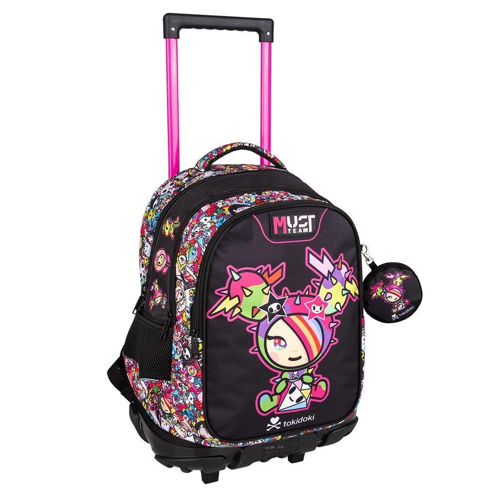 3139bde98ba24e819e172e3ac5b740f8 | La Vie en Rose Colorful rolling backpack for kids with pink telescoping handle and cartoon characters (Tokidoki design)
