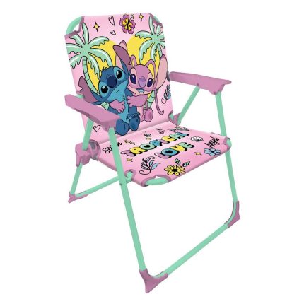 Kid's folding high chair with pink fabric featuring Stitch characters and tropical design; mint-green frame.