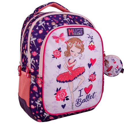 Purple kids' backpack with a ballerina illustration and floral pattern; front panel reads 'I ♥ Ballet' and includes a small round matching accessory on the side.