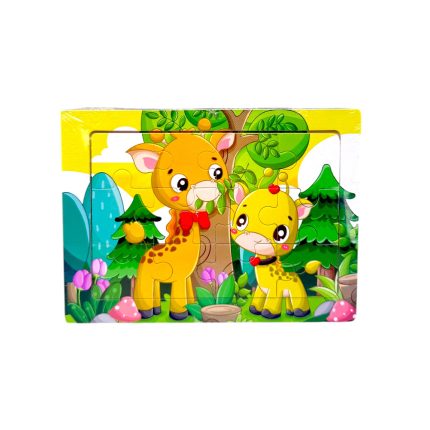 Colorful children's puzzle showing two cartoon giraffes in a bright forest with trees, flowers, and mushrooms, all in a playful style.