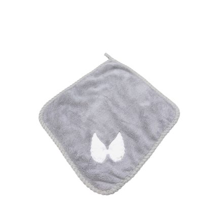 Gray square washcloth with a small white butterfly embroidery in one corner.