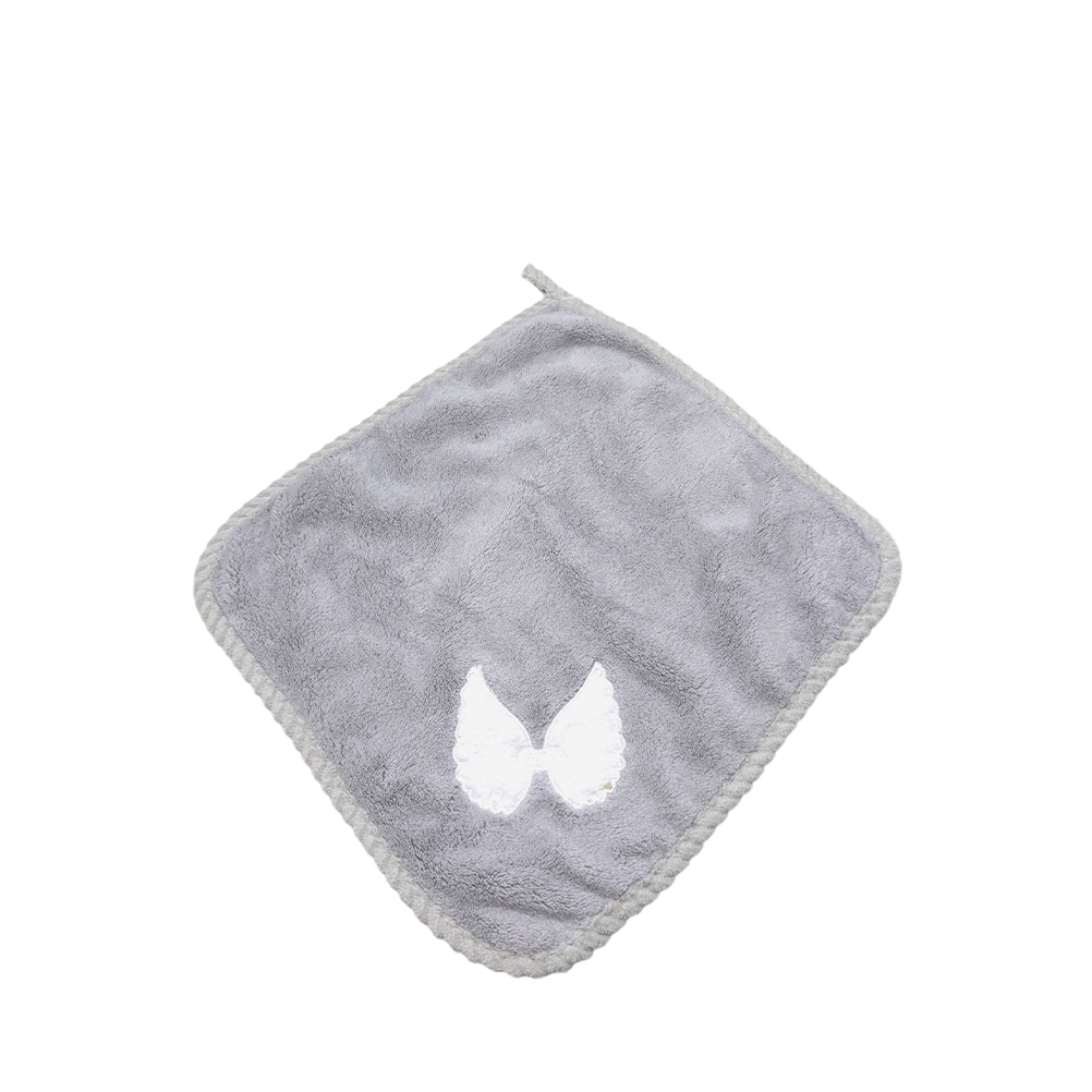 382705D0-F4C6-A139-DDDC-019D43C48FAC_11 | La Vie en Rose Gray square washcloth with a small white butterfly embroidery in one corner.