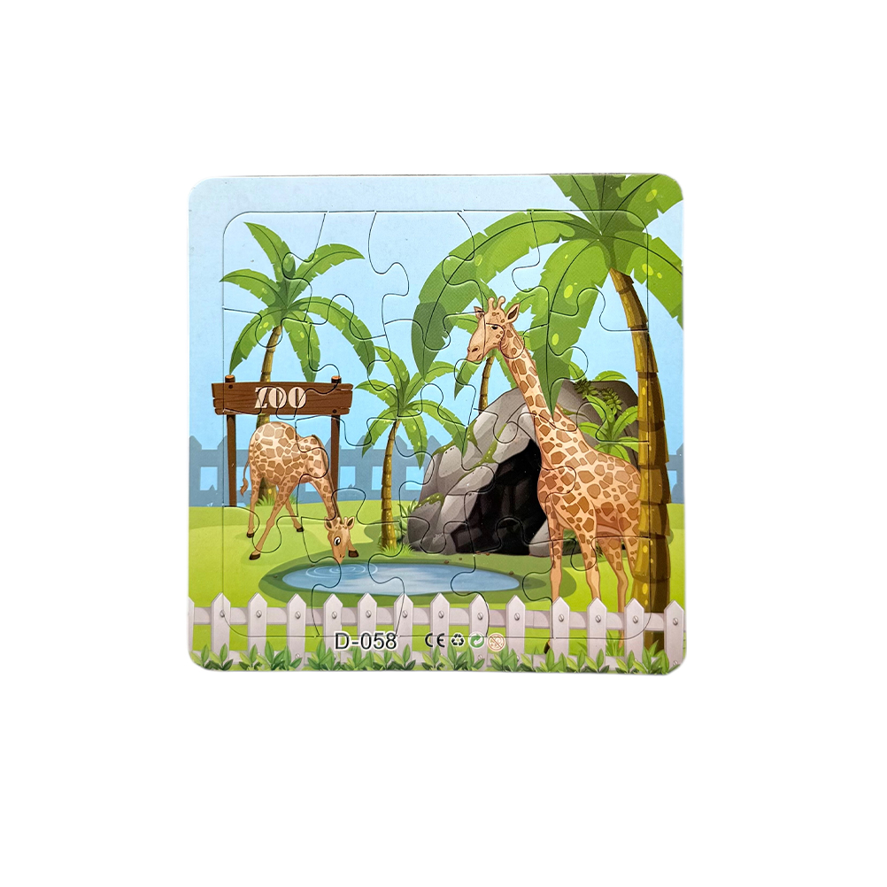 3907815A-F4D4-3D15-1BEB-019D0B2FF843_11 | La Vie en Rose Two giraffes in a zoo scene by a pond, palm trees, rocks, and a wooden 'Zoo' sign.