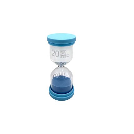 Blue-ended hourglass timer showing 20 minutes, with sand flowing from top to bottom.