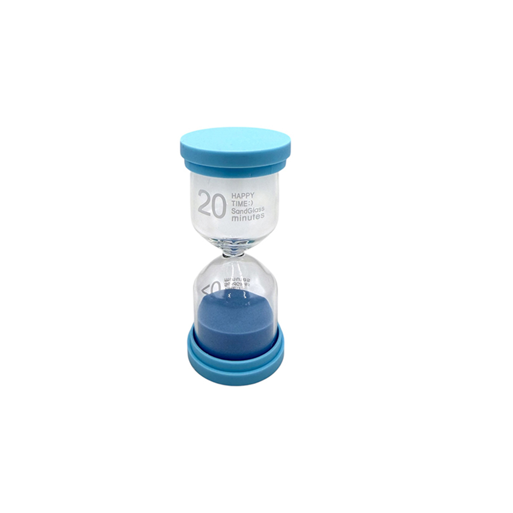 396CF833-C19F-74B4-A081-019D90A9C48D_11 | La Vie en Rose Blue-ended hourglass timer showing 20 minutes, with sand flowing from top to bottom.
