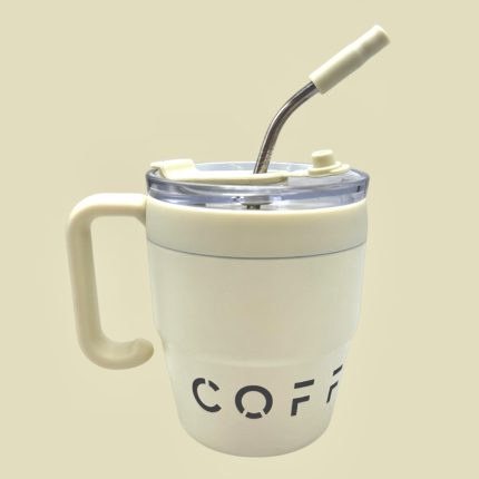 White travel mug with a curved straw on a pale beige background; the word 'COFF' is visible on the side.